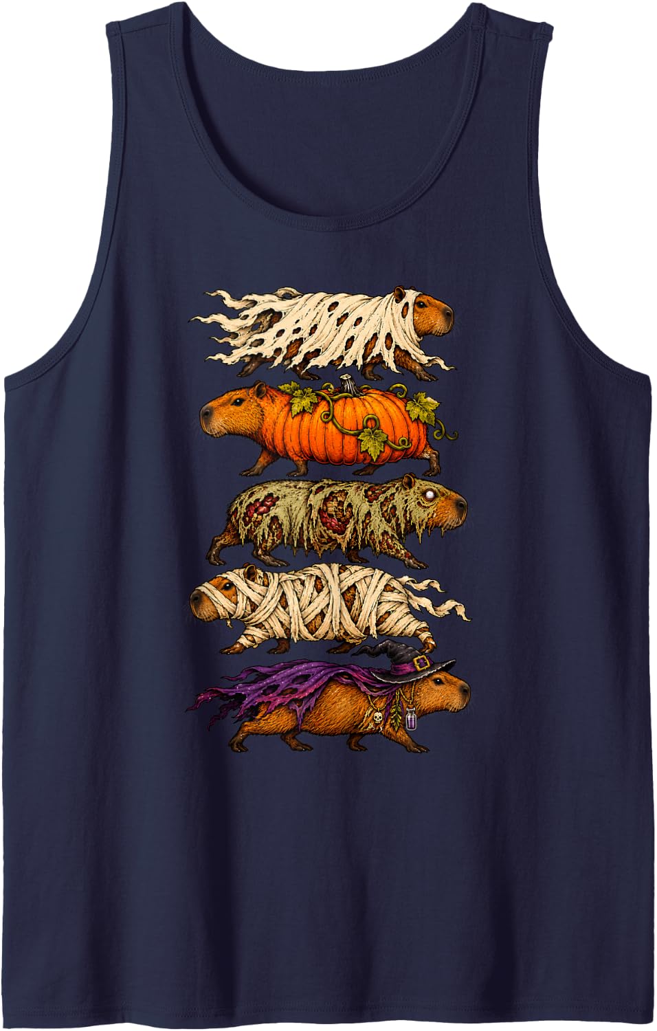 Halloween Capybara Ghost Pumpkin Zombie Mummy Witch Sleeveless Tank Top - Navy Blue
