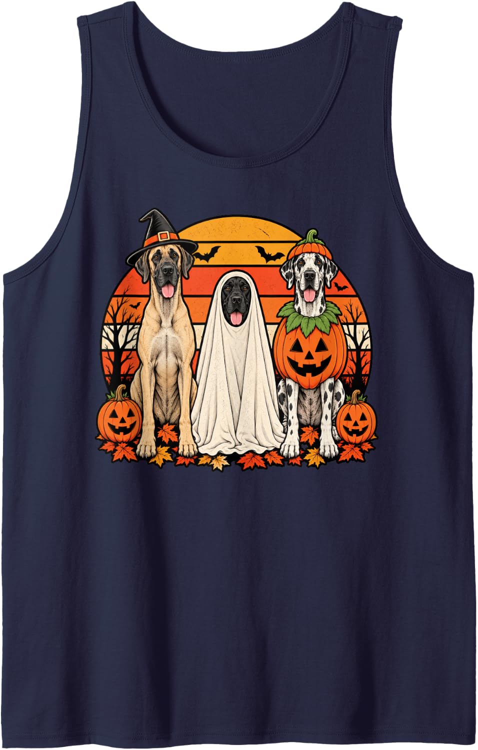 Spooky Great Dane Pumpkin Ghost Halloween Dog Lover Sleeveless Tank Top - Navy Blue