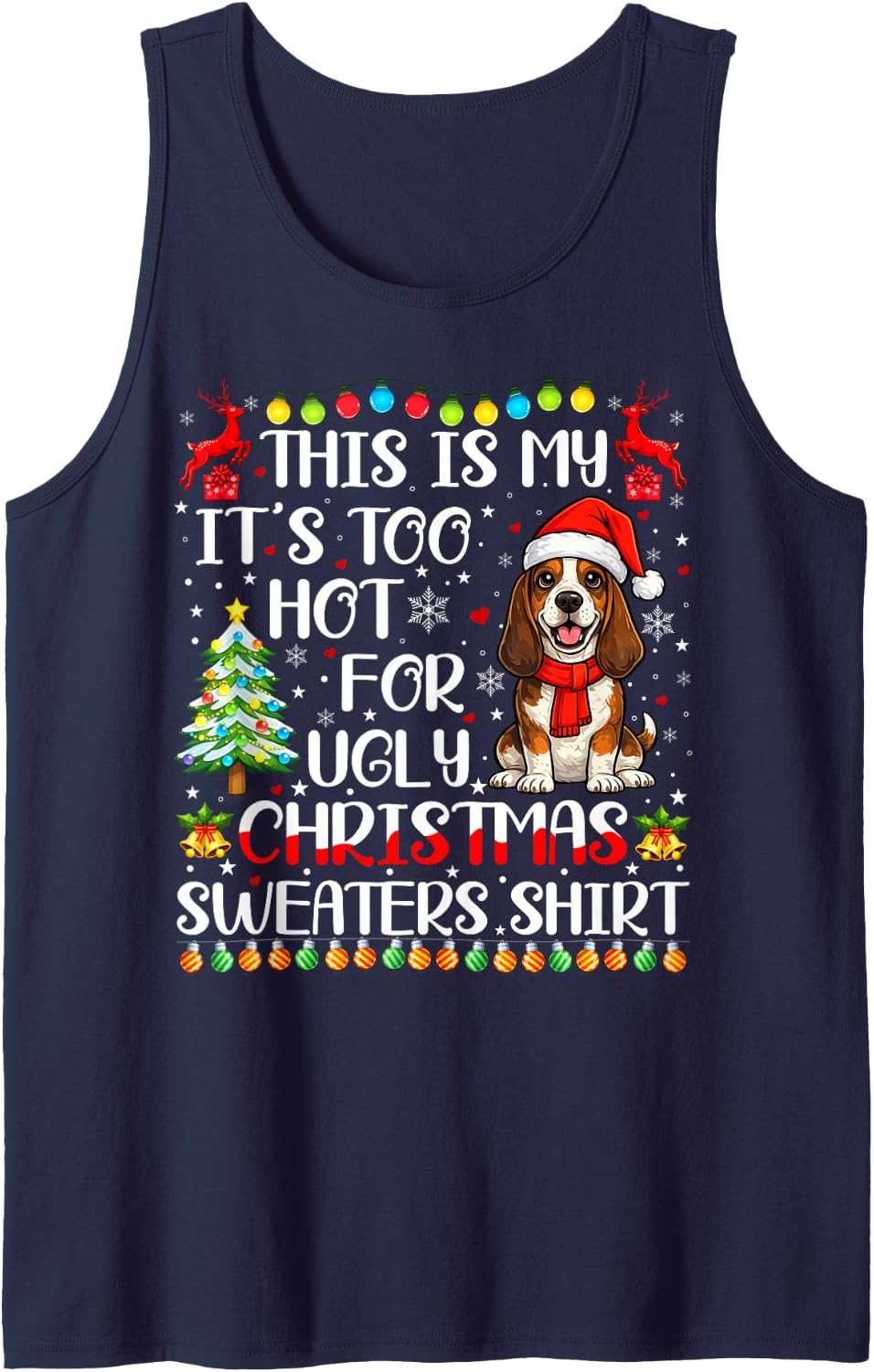It's Too Hot Ugly Christmas Sweaters Basset Hound Dog Xmas Sleeveless Tank Top - Navy Blue