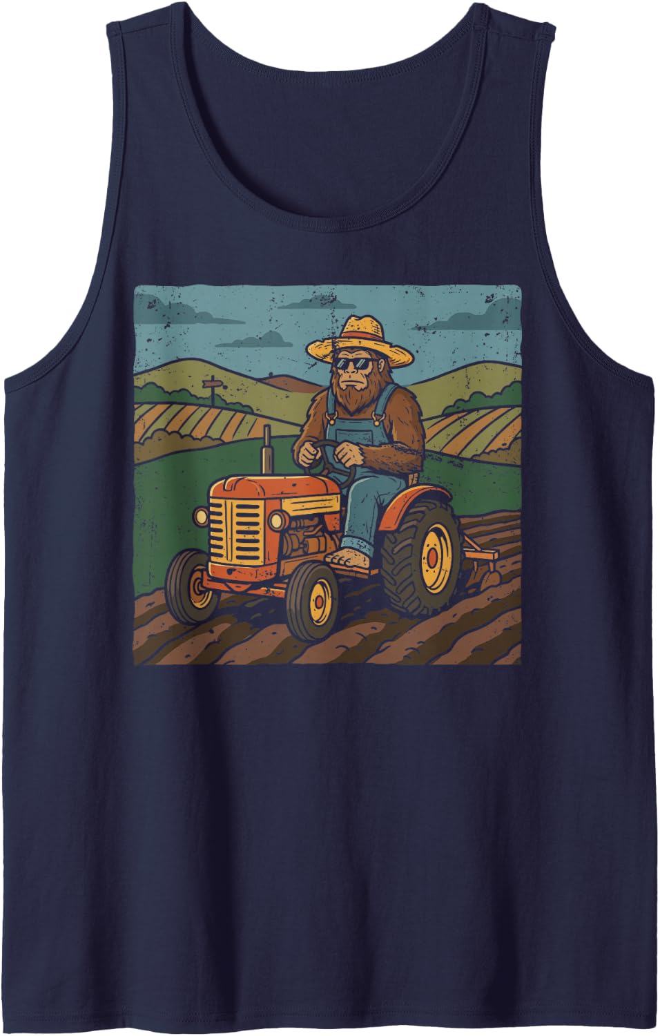 Funny Sasquatch Farmer Tractor Farm Farming Cowboy Rancher Sleeveless Tank Top - Navy Blue