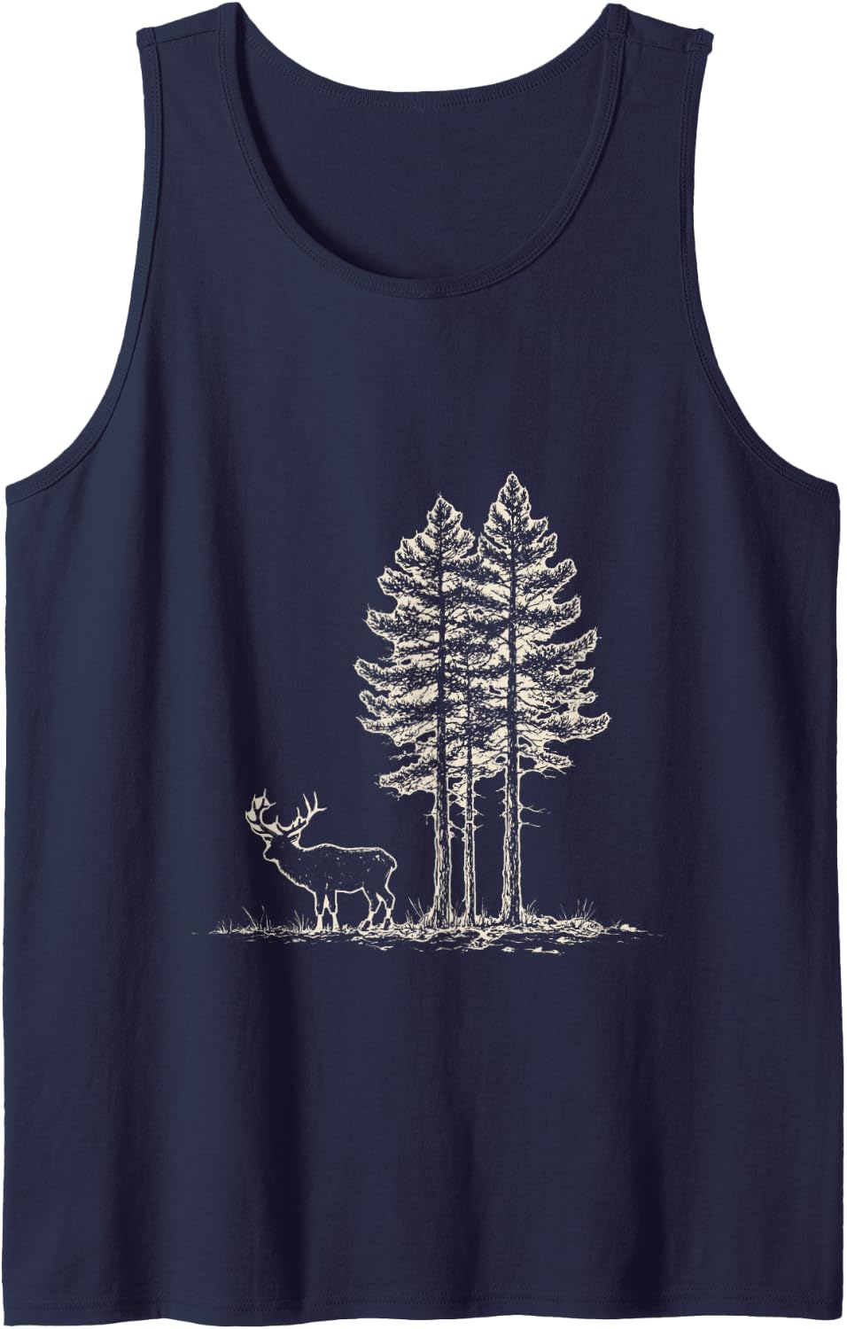 Vintage Elk Pine Forest Ink Etching Wildlife Hunter Sleeveless Tank Top - Navy Blue