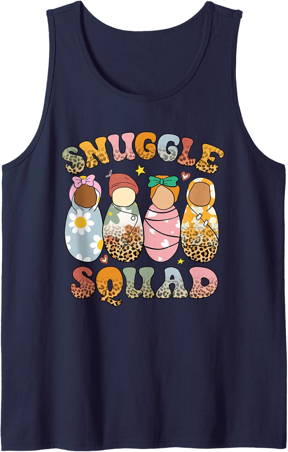 Retro Groovy Snuggle Squad Leopard Babies NICU Nurse Sleeveless Tank Top - Navy Blue