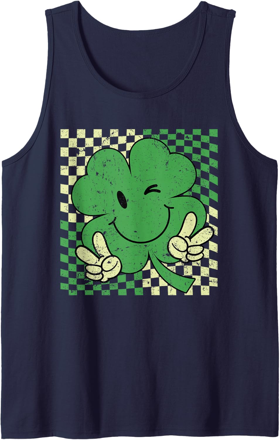 St Patricks Day Vintage Retro Groovy Lucky Shamrock Funny Sleeveless Tank Top - Navy Blue