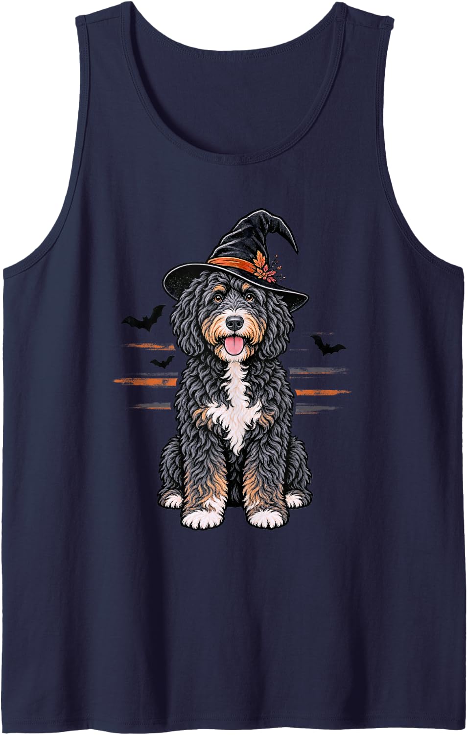Bernedoodle Halloween Witch Hat Bats Doodle Mom Dog Lover Sleeveless Tank Top - Navy Blue