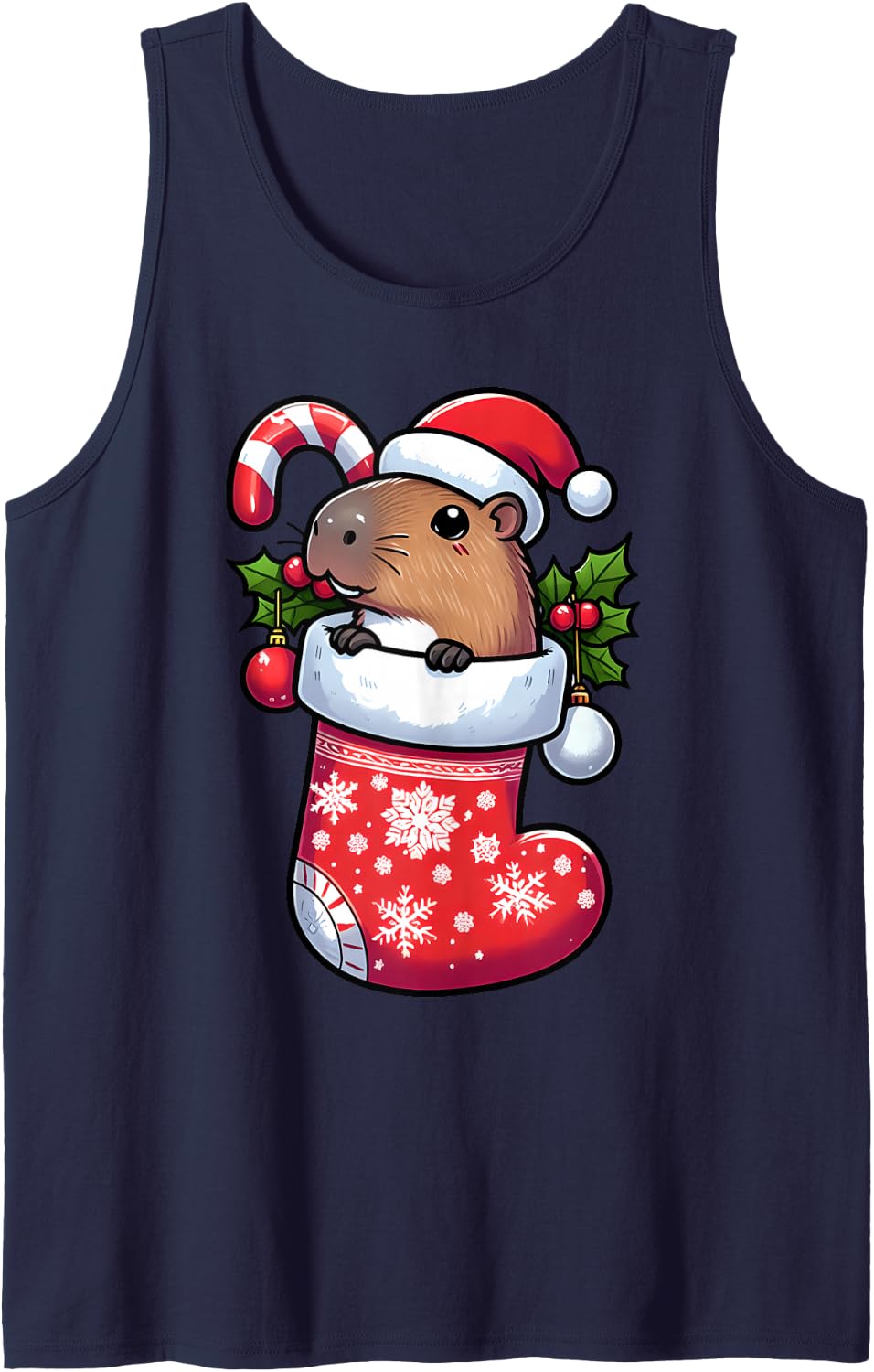 Capybara in Christmas Stocking Candy Cane Santa Hat Pajama Sleeveless Tank Top - Navy Blue