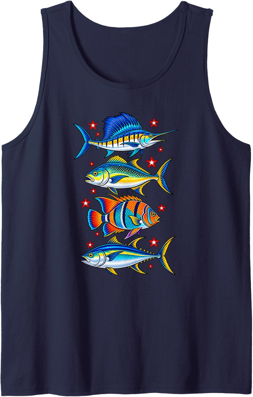 Saltwater Fishing Sailfish Tuna Tropical Fish Stars Sleeveless Tank Top - Navy Blue