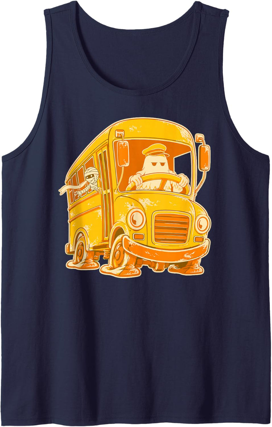 Monster School Bus Funny Halloween Ghost Driver Mummy Spooky Tank Top - Navy Blue
