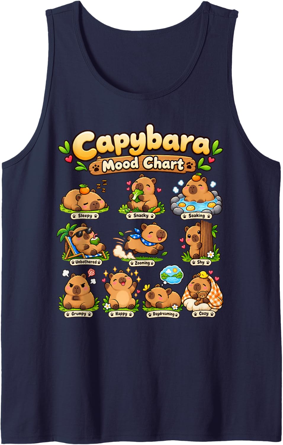 Capybara Mood Chart Cute Kawai Design Sleeveless Tank Top - Navy Blue