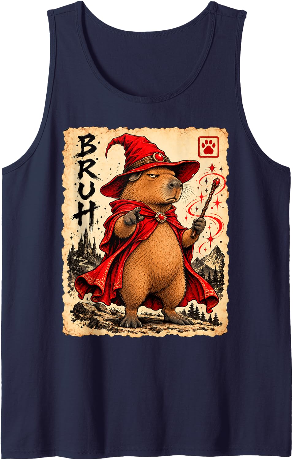 Capybara Bruh Anime Kawaii Wizard Magician Wizard Capybara Sleeveless Tank Top - Navy Blue