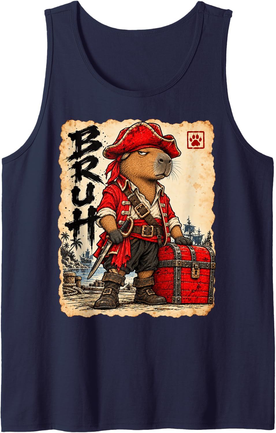 Pirate Bruh Anime Kawaii Otaku Japanese Art Pirate Capybara Sleeveless Tank Top - Navy Blue