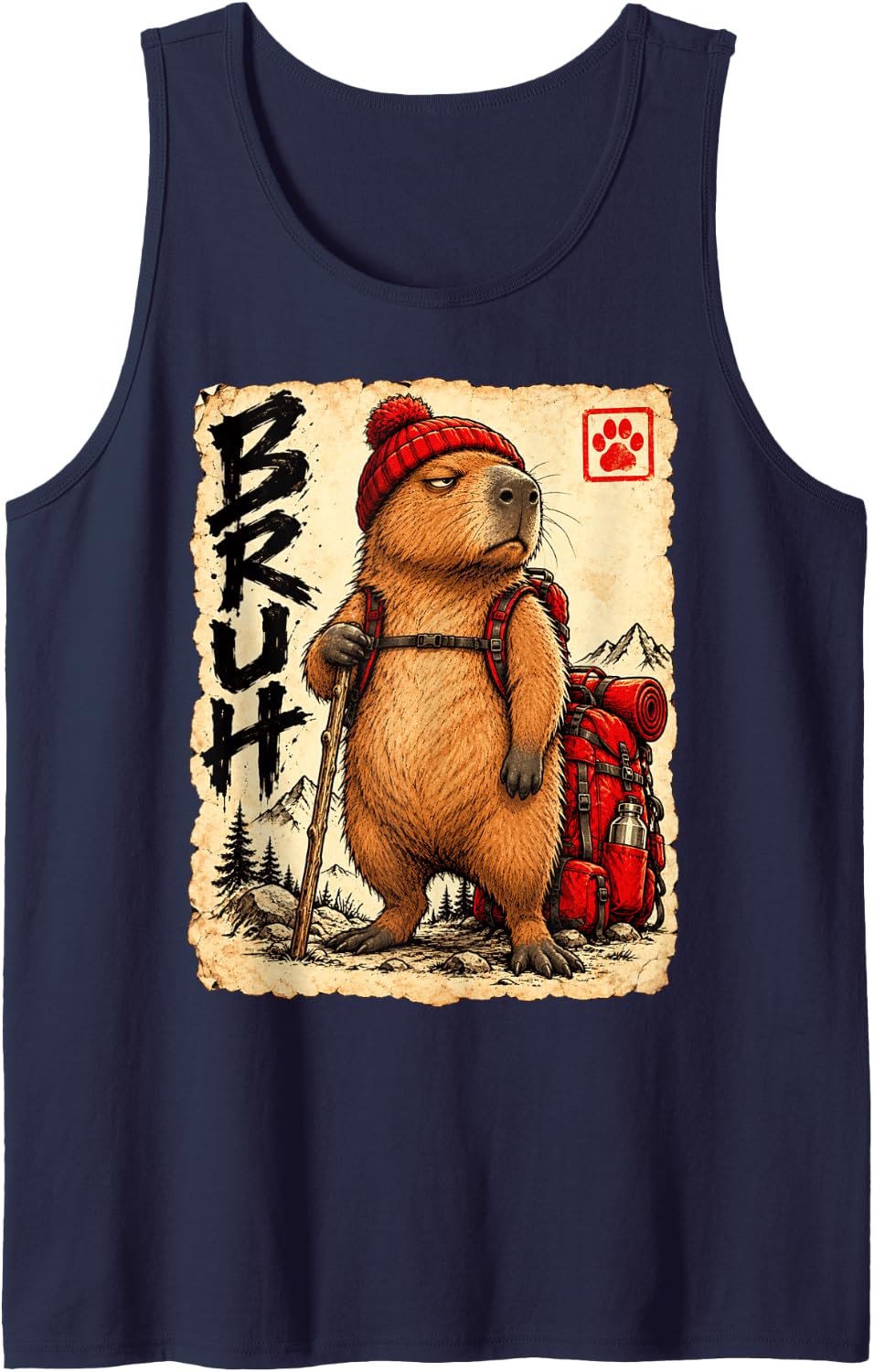 Hiking Bruh Anime Kawaii Otaku Japanese Art Hiking Capybara Sleeveless Tank Top - Navy Blue