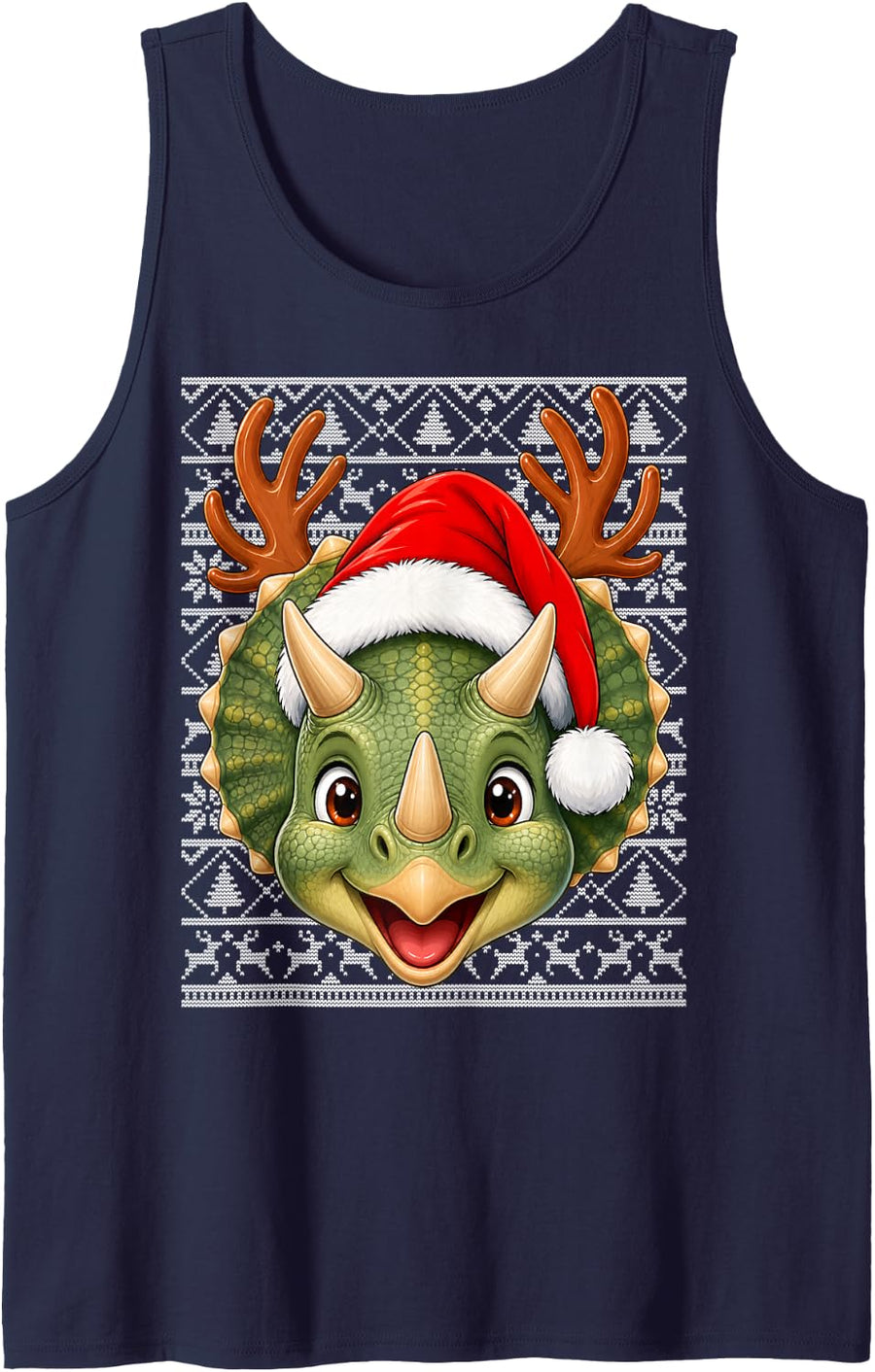 Triceratops Dinosaur Christmas Santa Hat Ugly Sweater Xmas Sleeveless Tank Top - Navy Blue