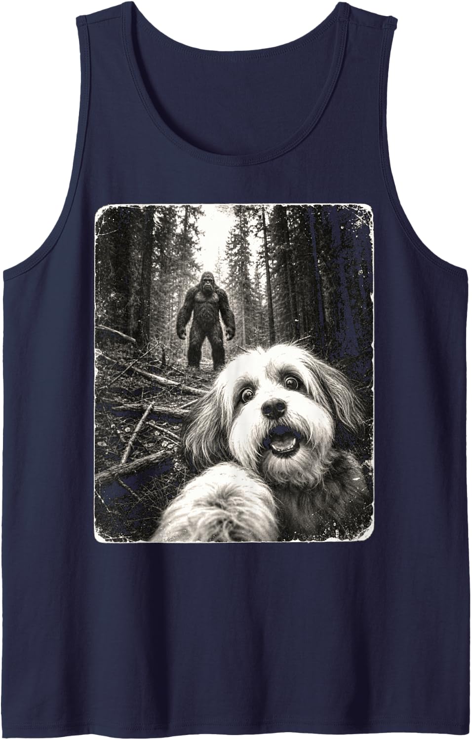 Halloween Sasquatch Selfie with Havanese Dog Funny Sleeveless Tank Top - Navy Blue