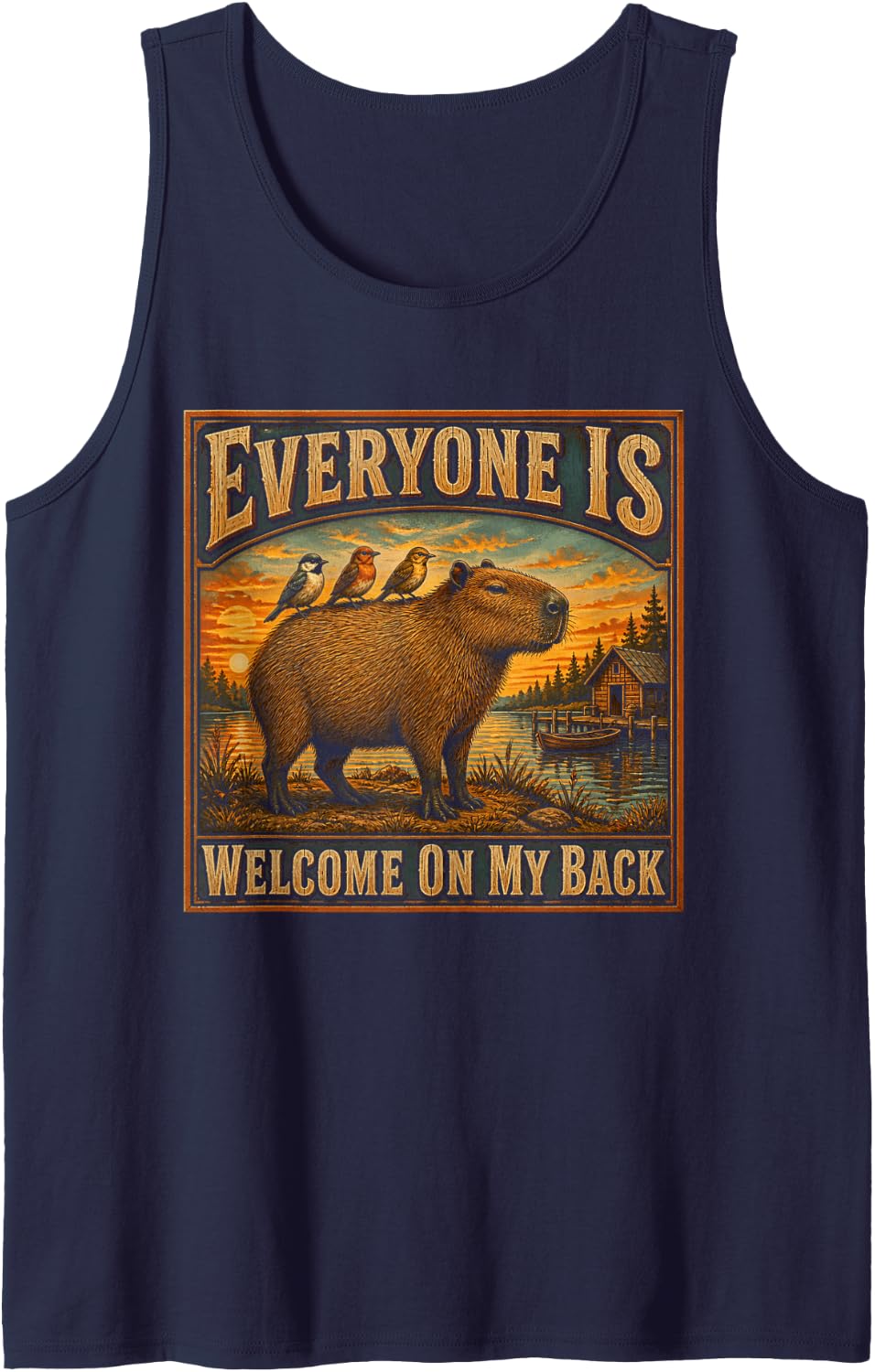 Everyone is Welcome On My Back Capybara Lover Cute Animal Sleeveless Tank Top - Navy Blue