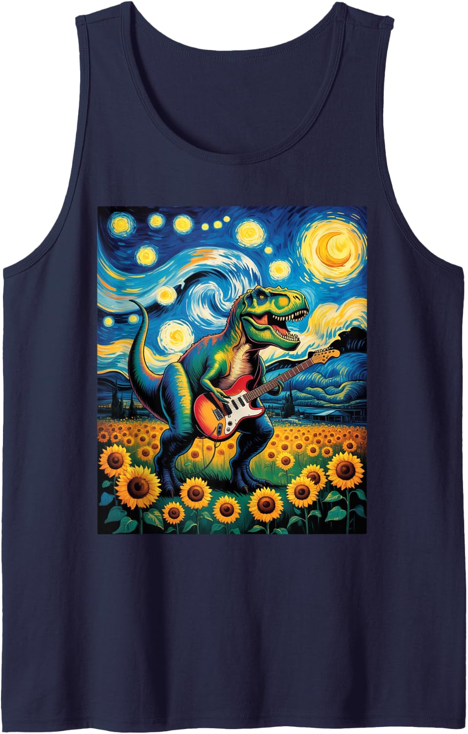 Dinosaur Starry Night Van Gogh Rock T Rex Playing Guitar Sleeveless Tank Top - Navy Blue