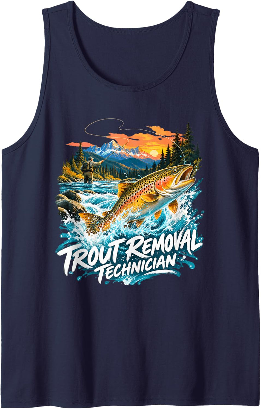 Trout Removal Technician Fly Fisher and Trout Sleeveless Tank Top - Navy Blue