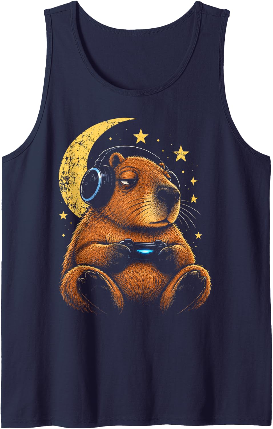 Funny Sleepy Capybara Gamer for Video Game Fans Sleeveless Tank Top - Navy Blue
