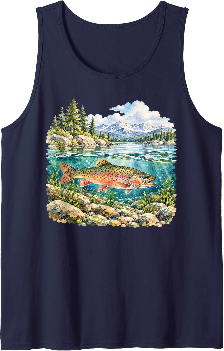 Trout Fishing Mountain River Landscape Angler Fish Lover Sleeveless Tank Top - Navy Blue