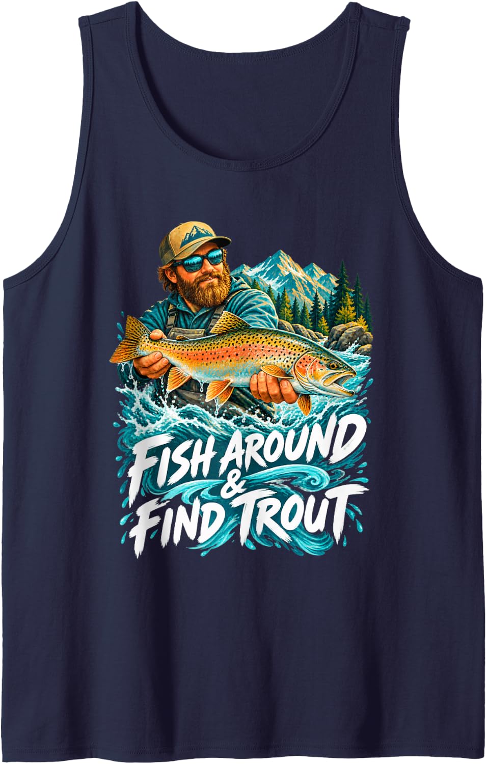 Fish Around & Find Trout Angler Holding Rainbow Trout Sleeveless Tank Top - Navy Blue