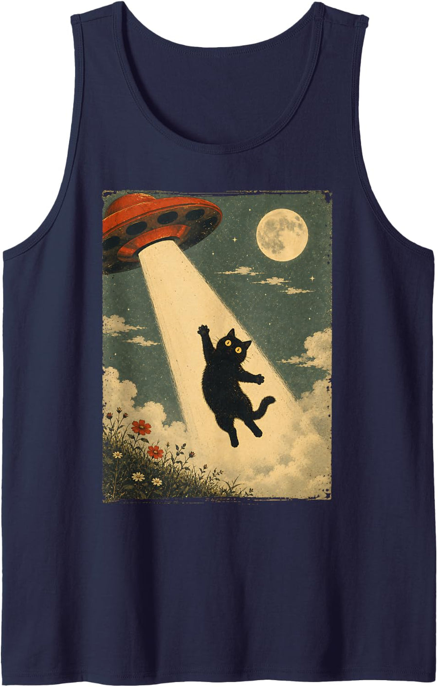 Cat UFO Alien Abduction Funny Space Japanese Art Vintage Sleeveless Tank Top - Navy Blue