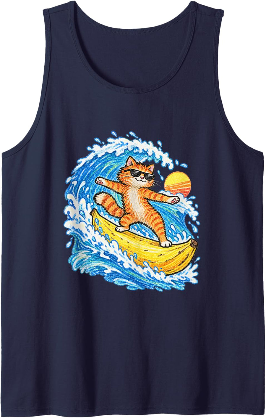 Cat Surfing Banana Funny Animal Meme Sleeveless Tank Top - Navy Blue