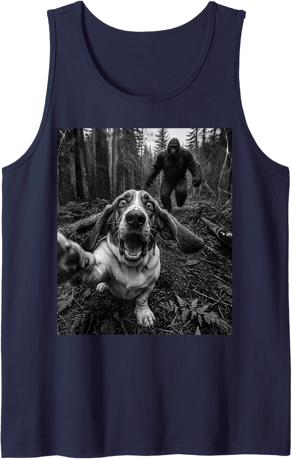 Funny Basset Hound Selfie Bigfoot Sasquatch Forest Dog Meme Sleeveless Tank Top - Navy Blue