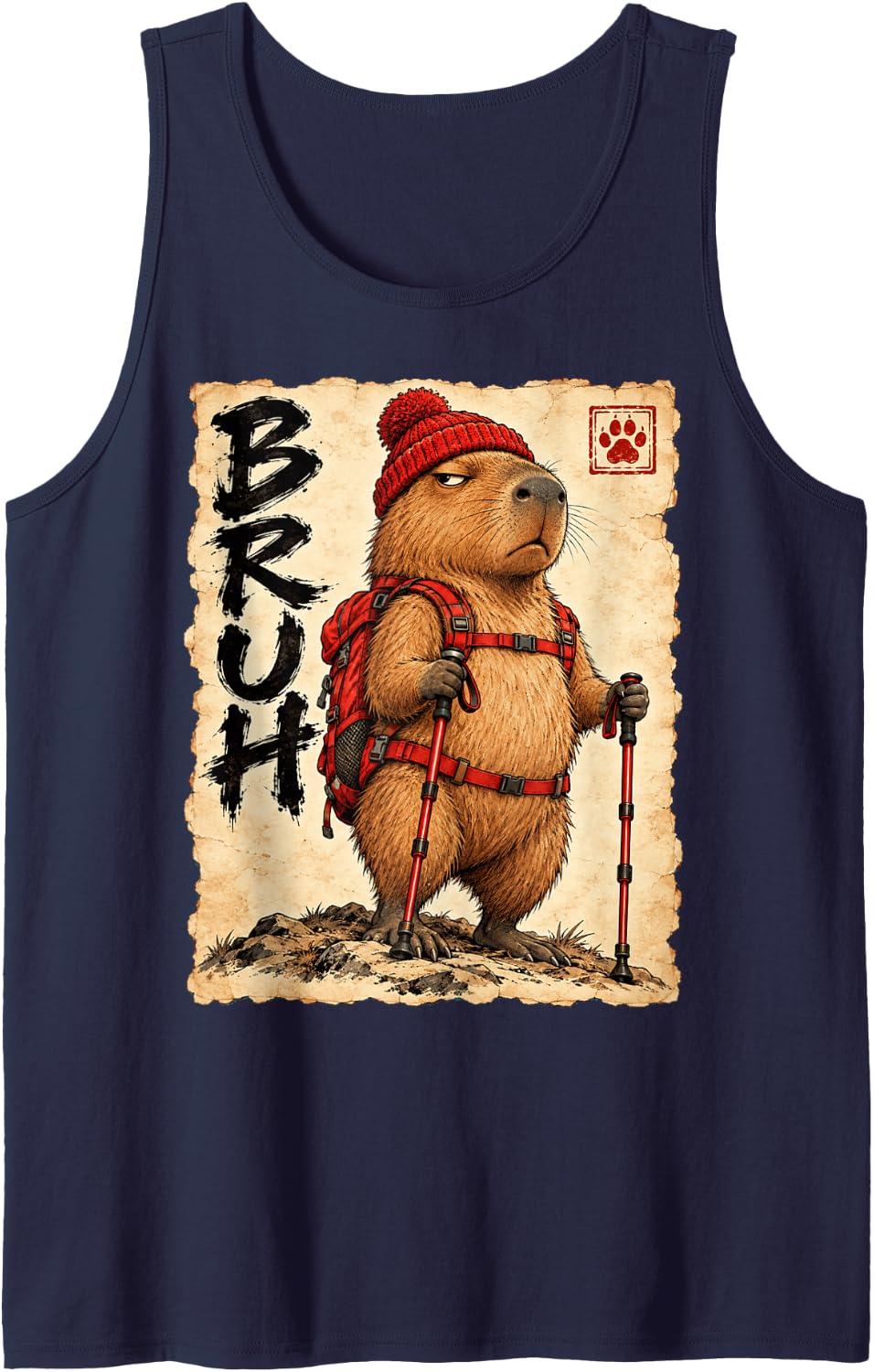 Hiking Hiking Mountains Bruh Anime Kawaii Otaku Capybara Sleeveless Tank Top - Navy Blue