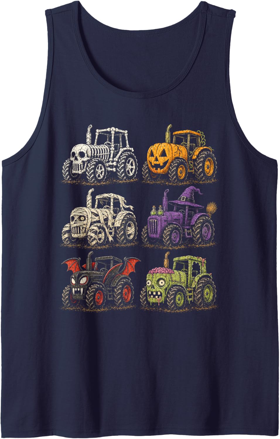 Halloween Tractor Farmer Spooky Skeleton Pumpkin Zombie Sleeveless Tank Top - Navy Blue