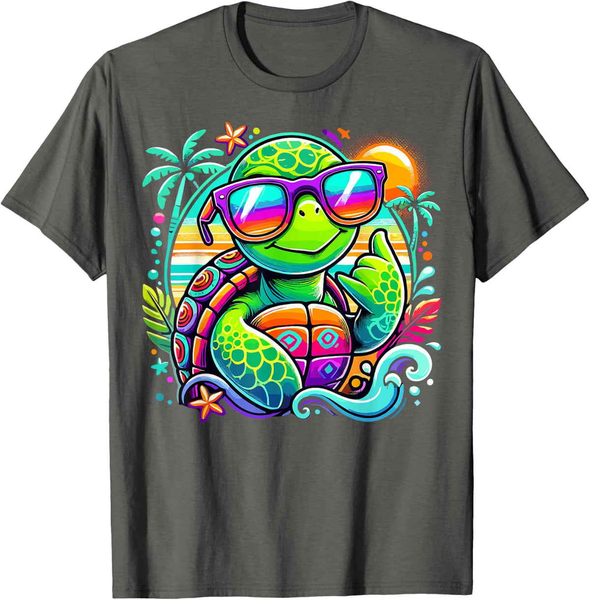 Turtle with Sunglasses Tropical Surf Beach T-Shirt - Asphalt Grey
