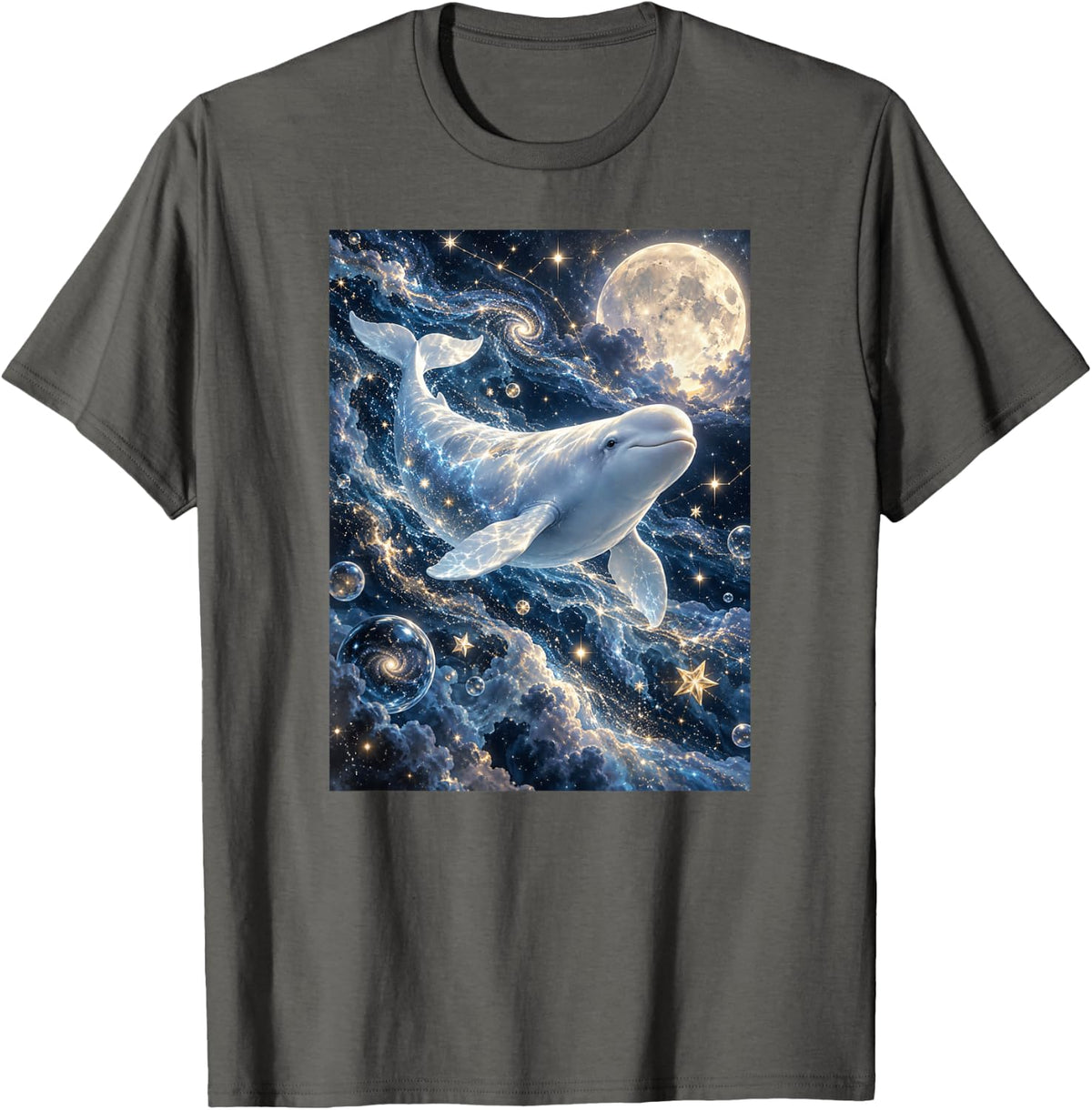 Universe Beluga Whale Moon Stars Celestial Ocean Fantasy T-Shirt - Asphalt Grey