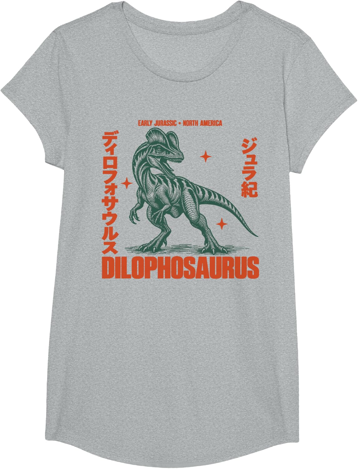 Jurassic Dilophosaurus Dinosaur Paleontology Retro Japanese T-Shirt - Girls Heather Grey