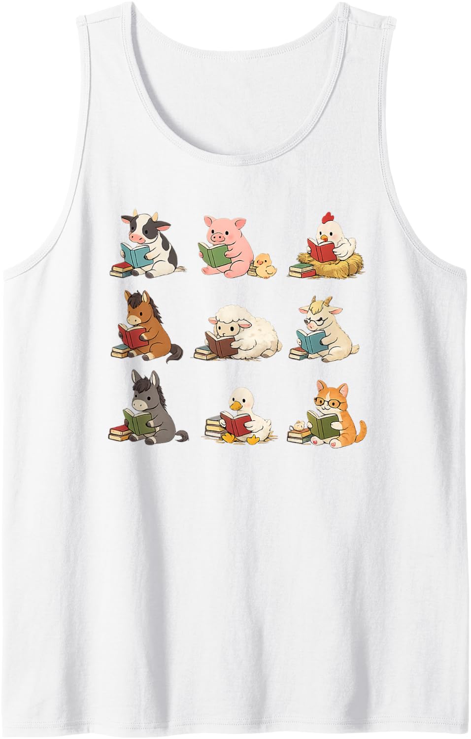 Cute Farm Animals Reading Books Book Lover Sleeveless Tank Top - White