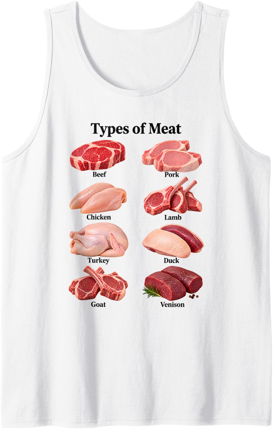 Carnivore Diet Meat Cuts Guide Beef Pork Lamb Venison Food Sleeveless Tank Top - White