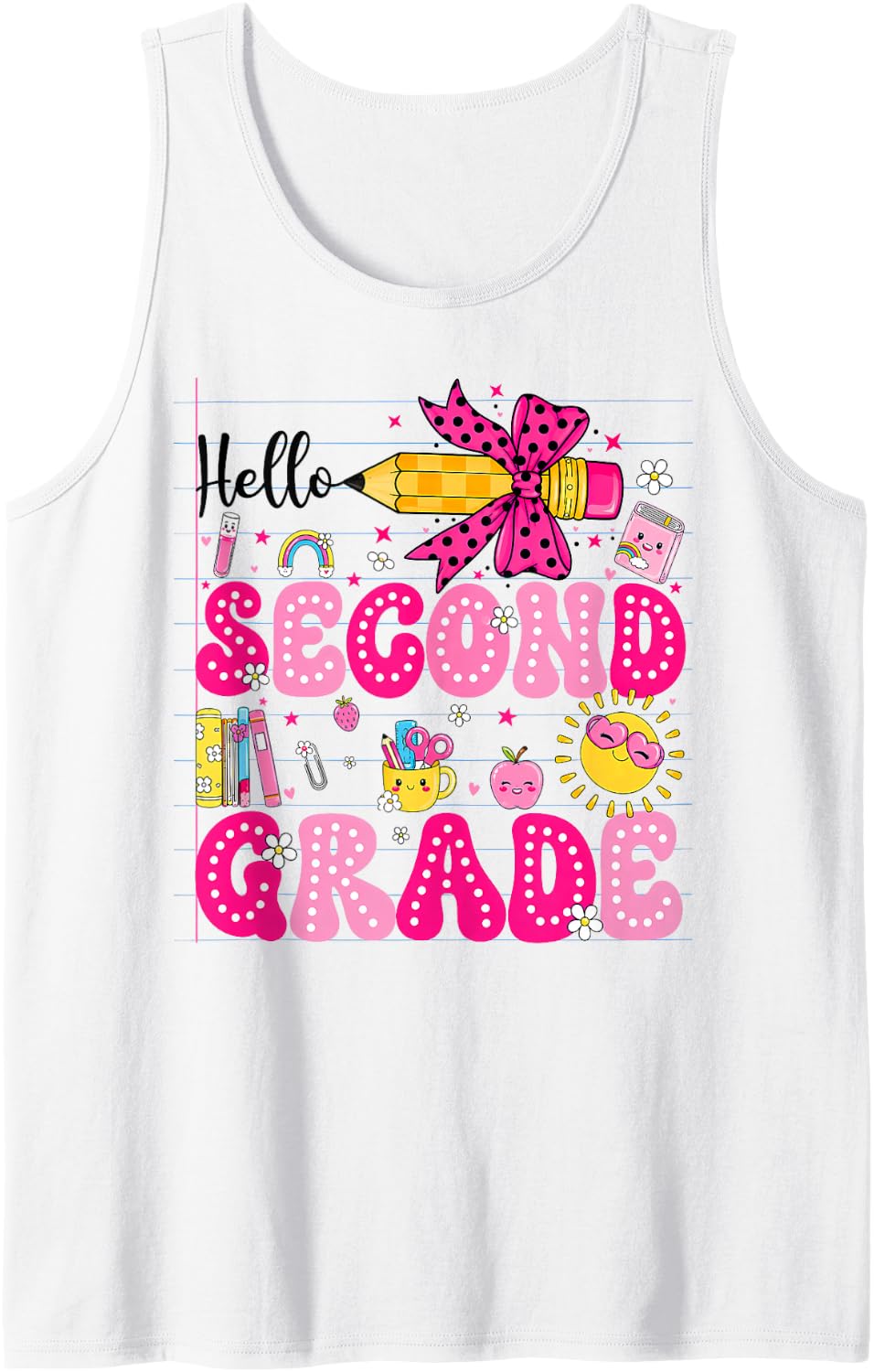 Pink Pencil Bow Coquette Hello Second Grade Back to School Tank Top - White