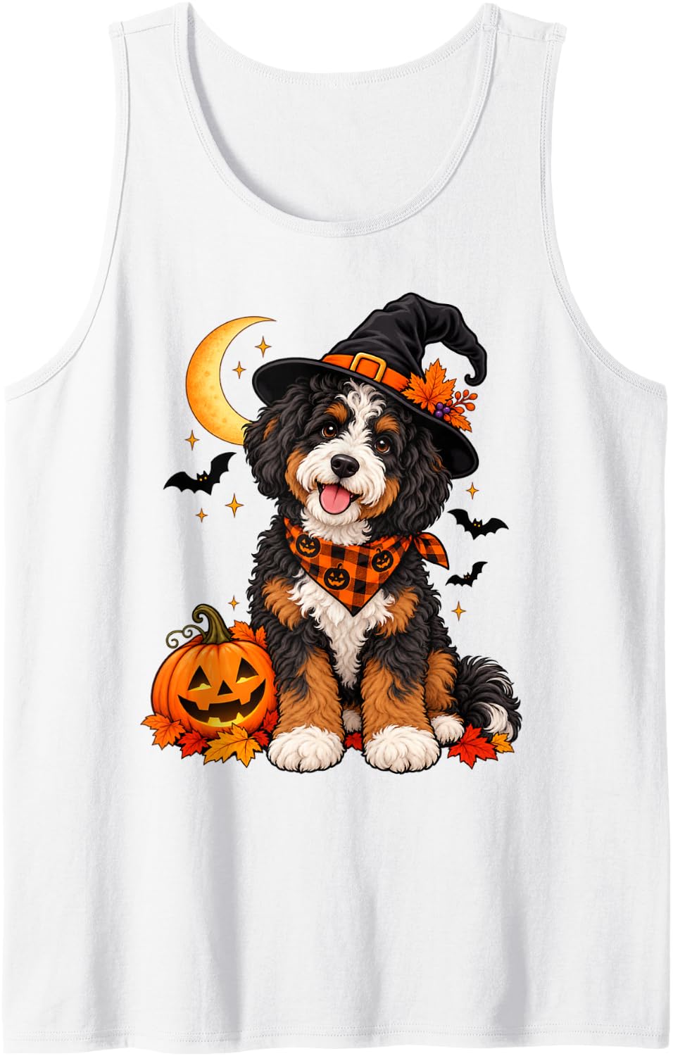 Cute Bernedoodle Halloween Witch Dog Pumpkin Fall Lover Sleeveless Tank Top - White