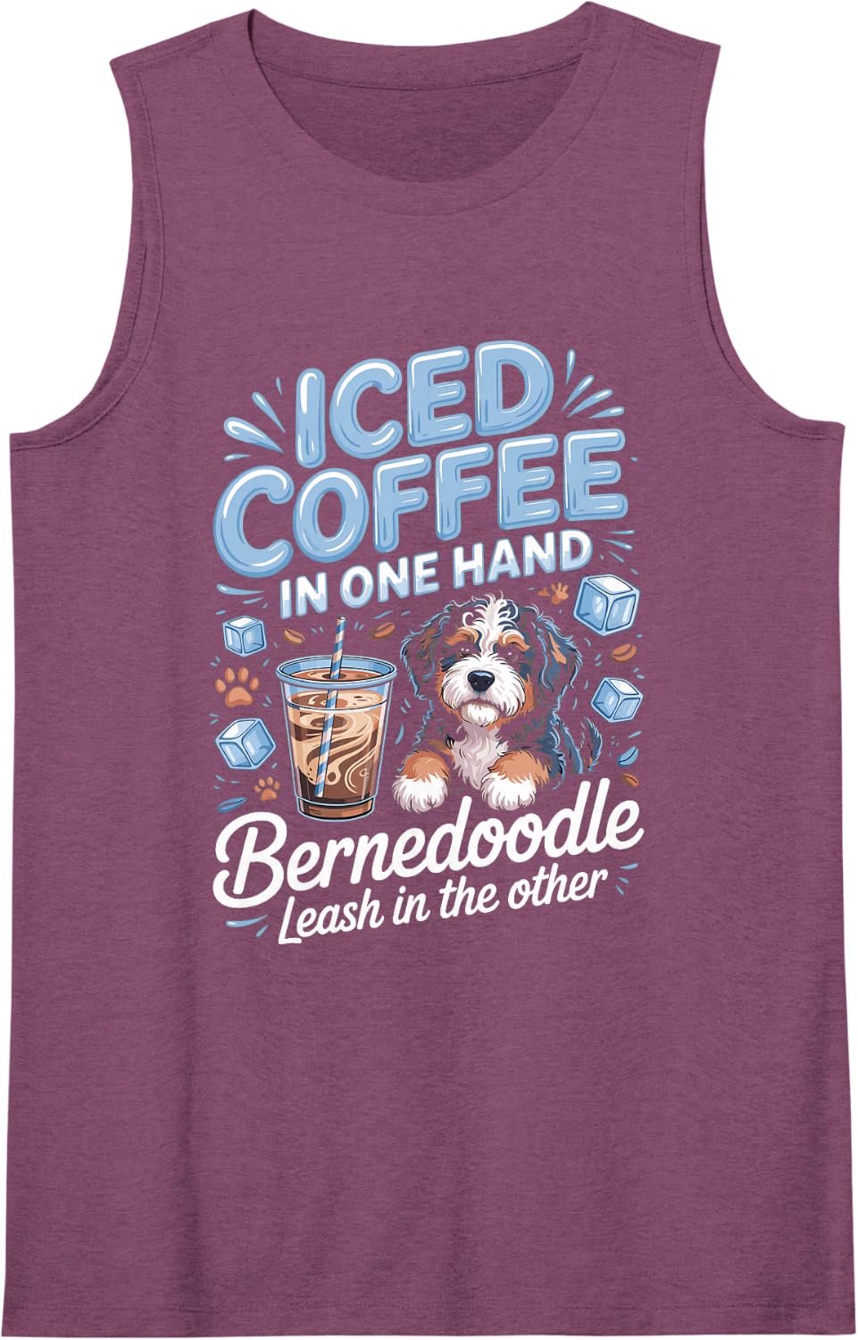 Iced Coffee in One Hand Bernedoodle Leash in The Other Sleeveless Tank Top - Purple