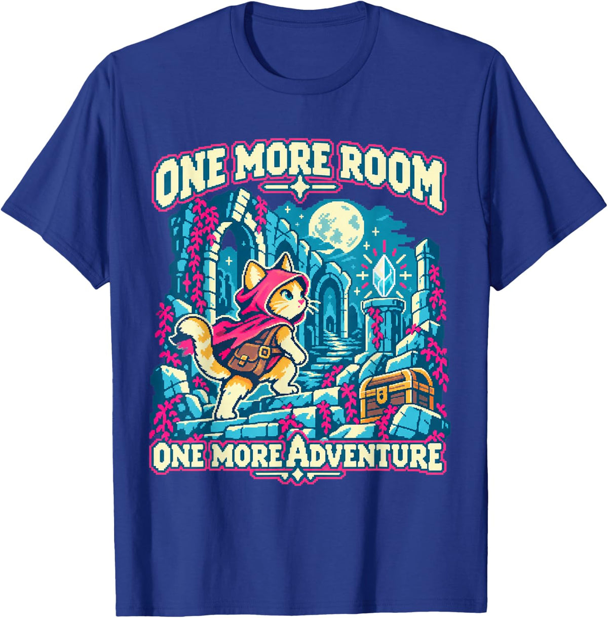 Pixel Art Cat Adventurer in Moonlit Ruins T-Shirt - Royal Blue