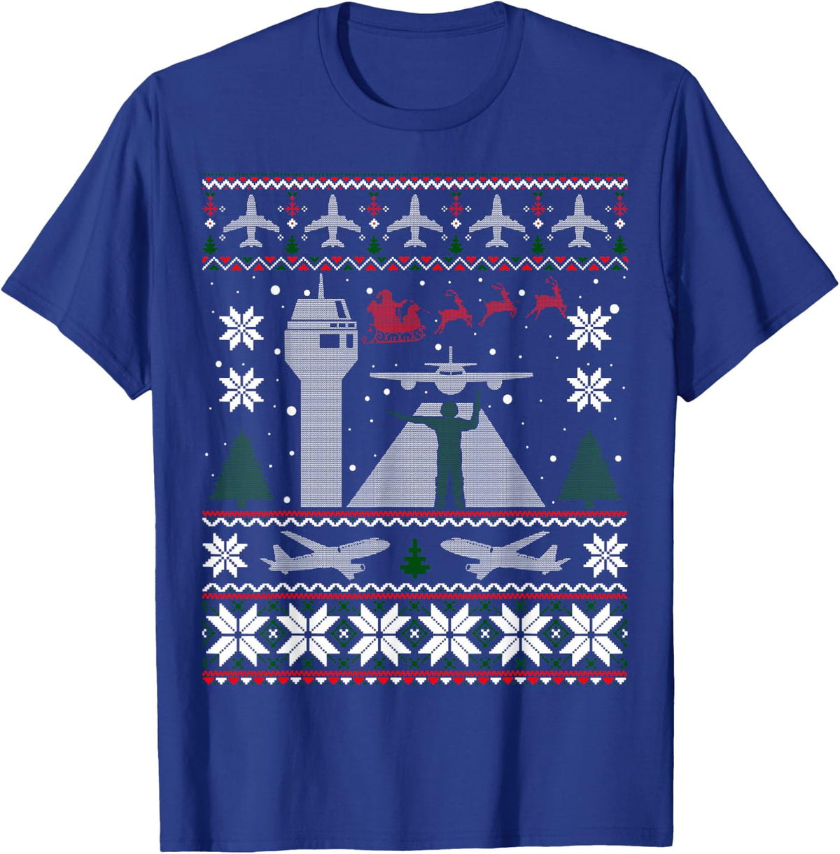 Airplane Ugly Christmas Air Traffic Controller Funny T-Shirt - Royal Blue