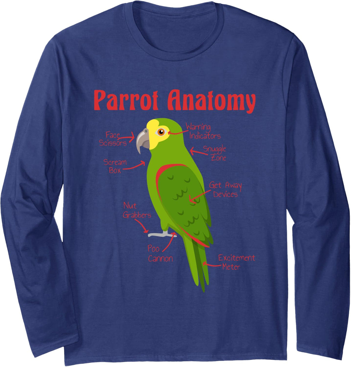 Anatomy of an Amazon Parrot Long Sleeve T-Shirt - Adult Unisex Navy Blue