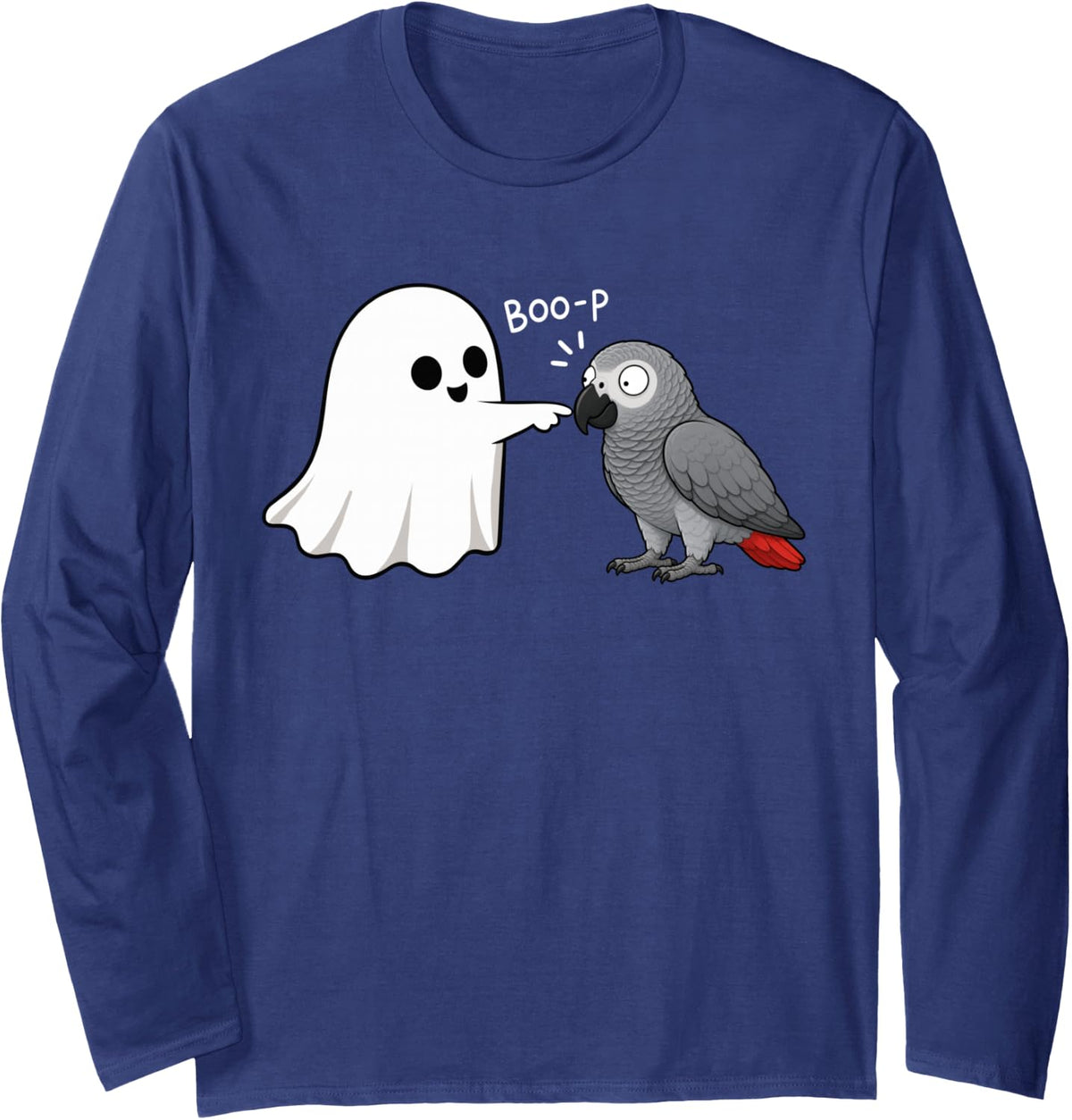 Cute African Grey Parrot Boop Ghost Halloween Long Sleeve T-Shirt - Adult Unisex Navy Blue