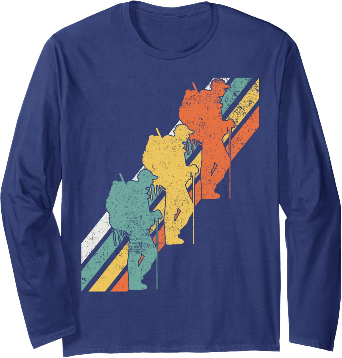 Hiking Hiker Hike Retro Long Sleeve T-Shirt - Adult Unisex Navy Blue