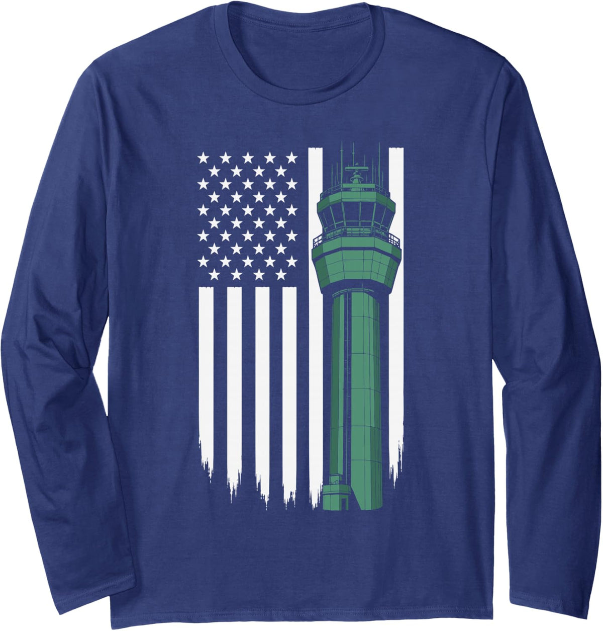 American Flag Air Traffic Control Tower Aviation Long Sleeve T-Shirt - Adult Unisex Navy Blue