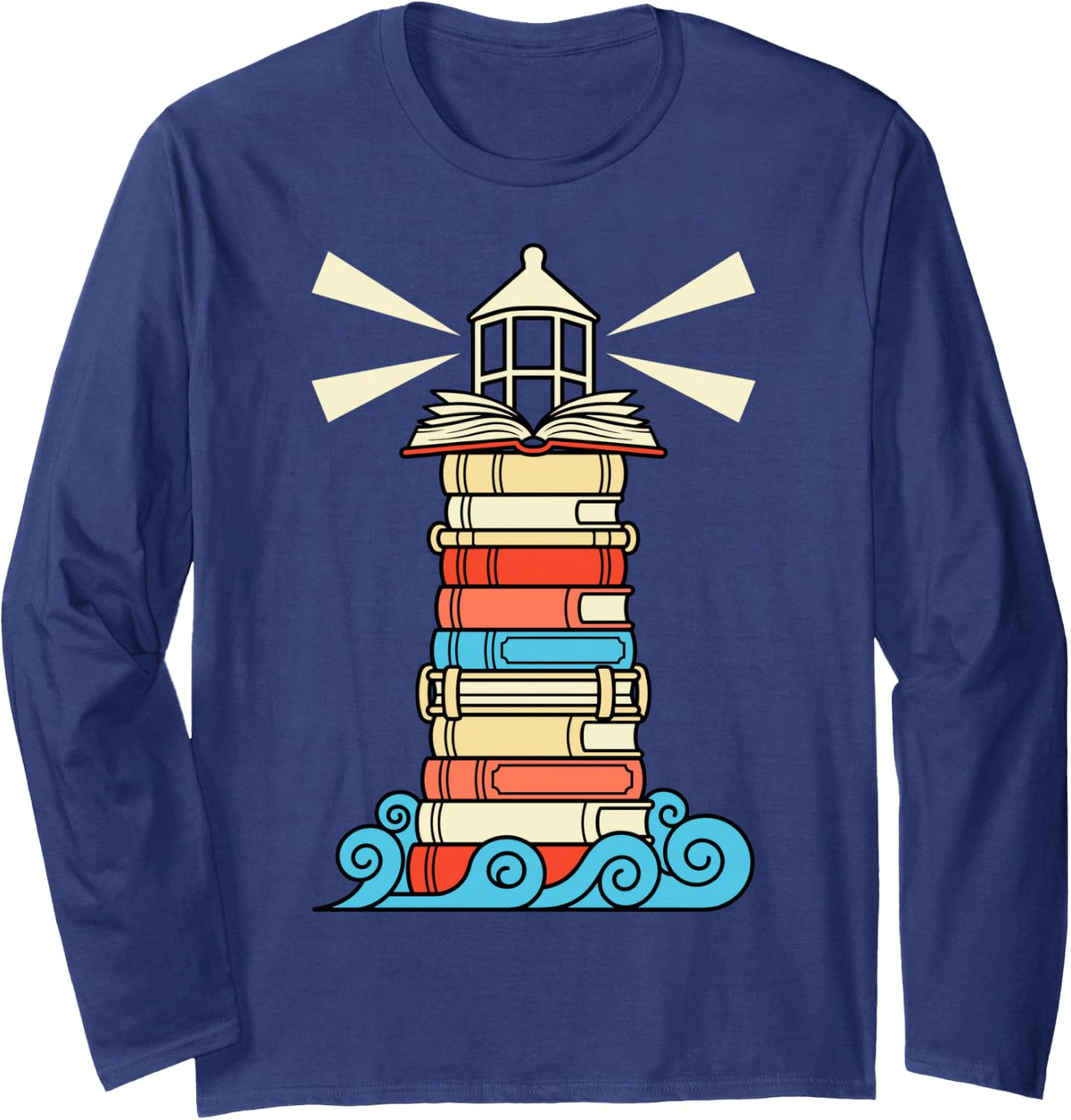 Book Lover Lighthouse Funny Reader Librarian Reading Nerd Long Sleeve T-Shirt - Adult Unisex Navy Blue