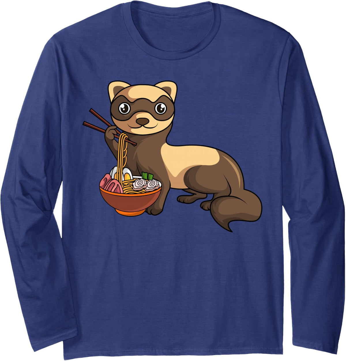 Ferret Japanese Noodles Kawaii Ramen Long Sleeve T-Shirt - Adult Unisex Navy Blue