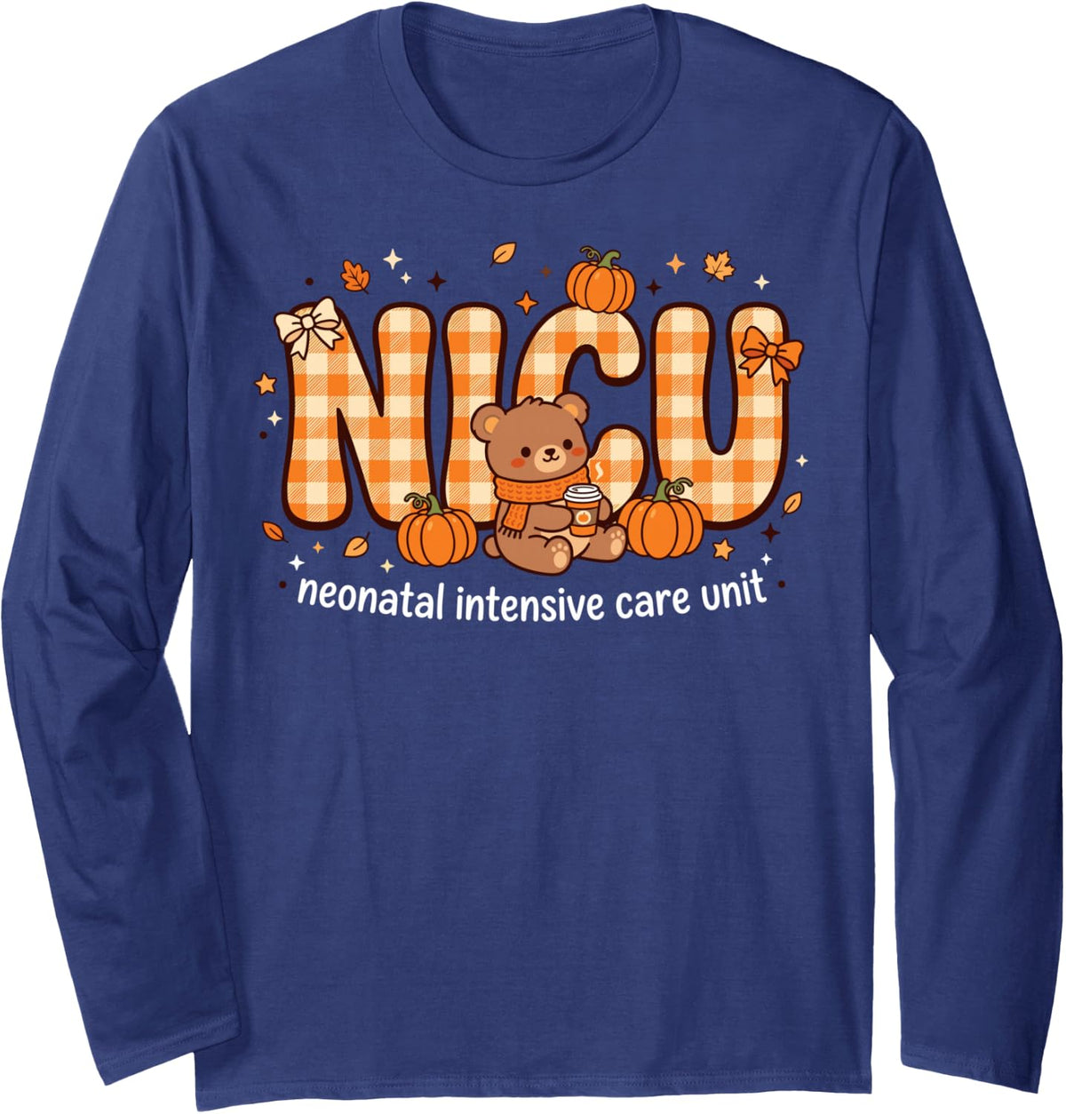 Cute NICU Nurse Fall Plaid Design Autumn Healthcare Long Sleeve T-Shirt - Adult Unisex Navy Blue