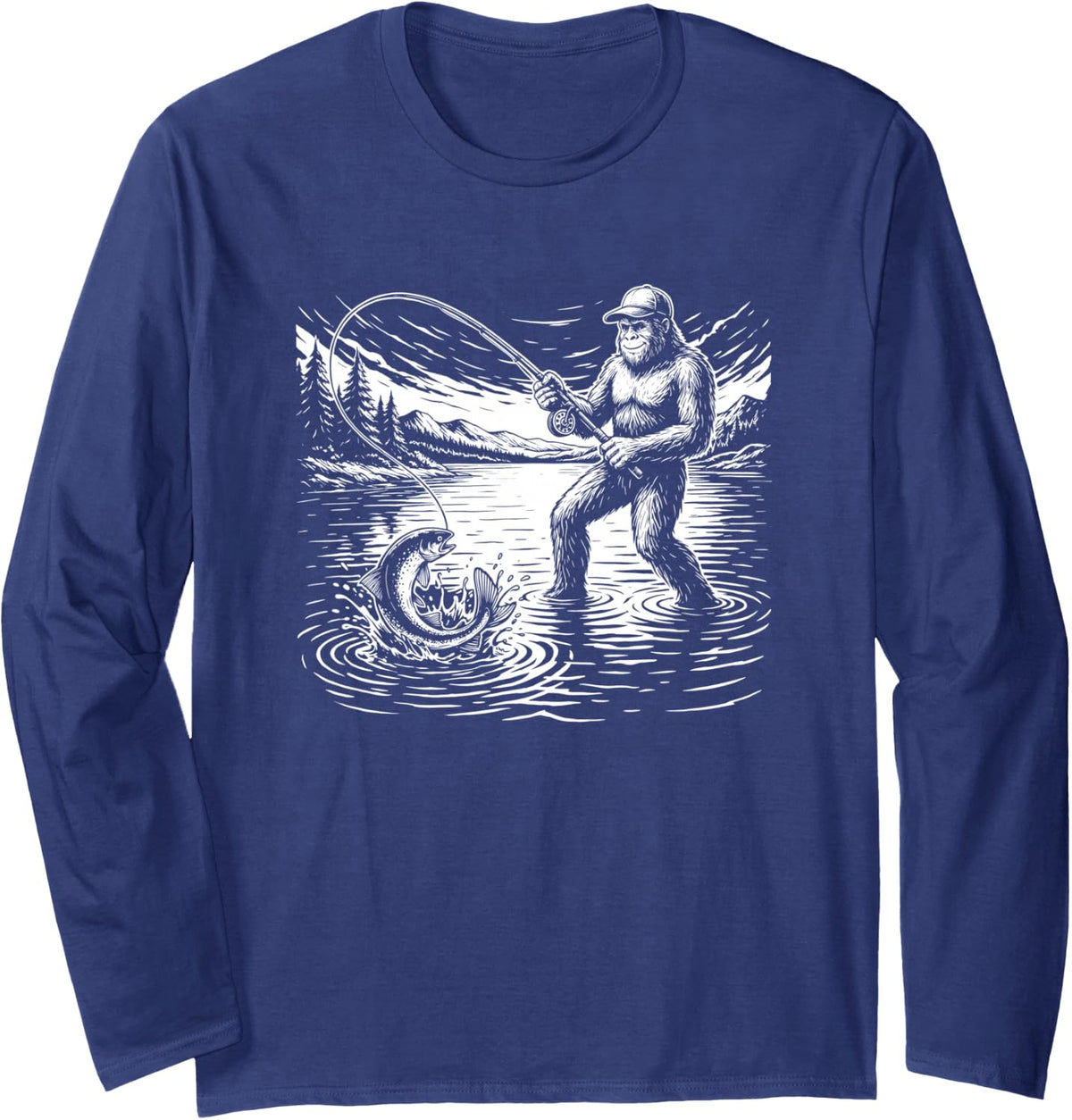 Sasquatch Fly Fishing Trout Angler Funny Bigfoot Fisherman Long Sleeve T-Shirt - Adult Unisex Navy Blue