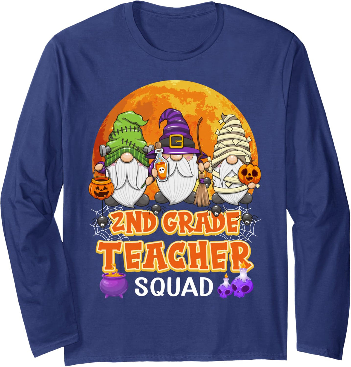 2nd Grade Teacher Squad Halloween Gnome Matching Long Sleeve T-Shirt - Adult Unisex Navy Blue