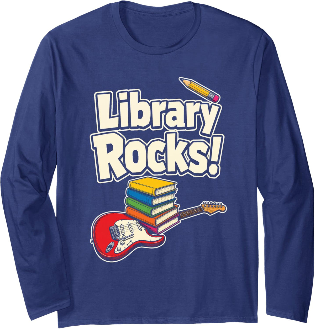 Elementary School Librarian Library Rocks Book Lover Gift Long Sleeve T-Shirt - Adult Unisex Navy Blue