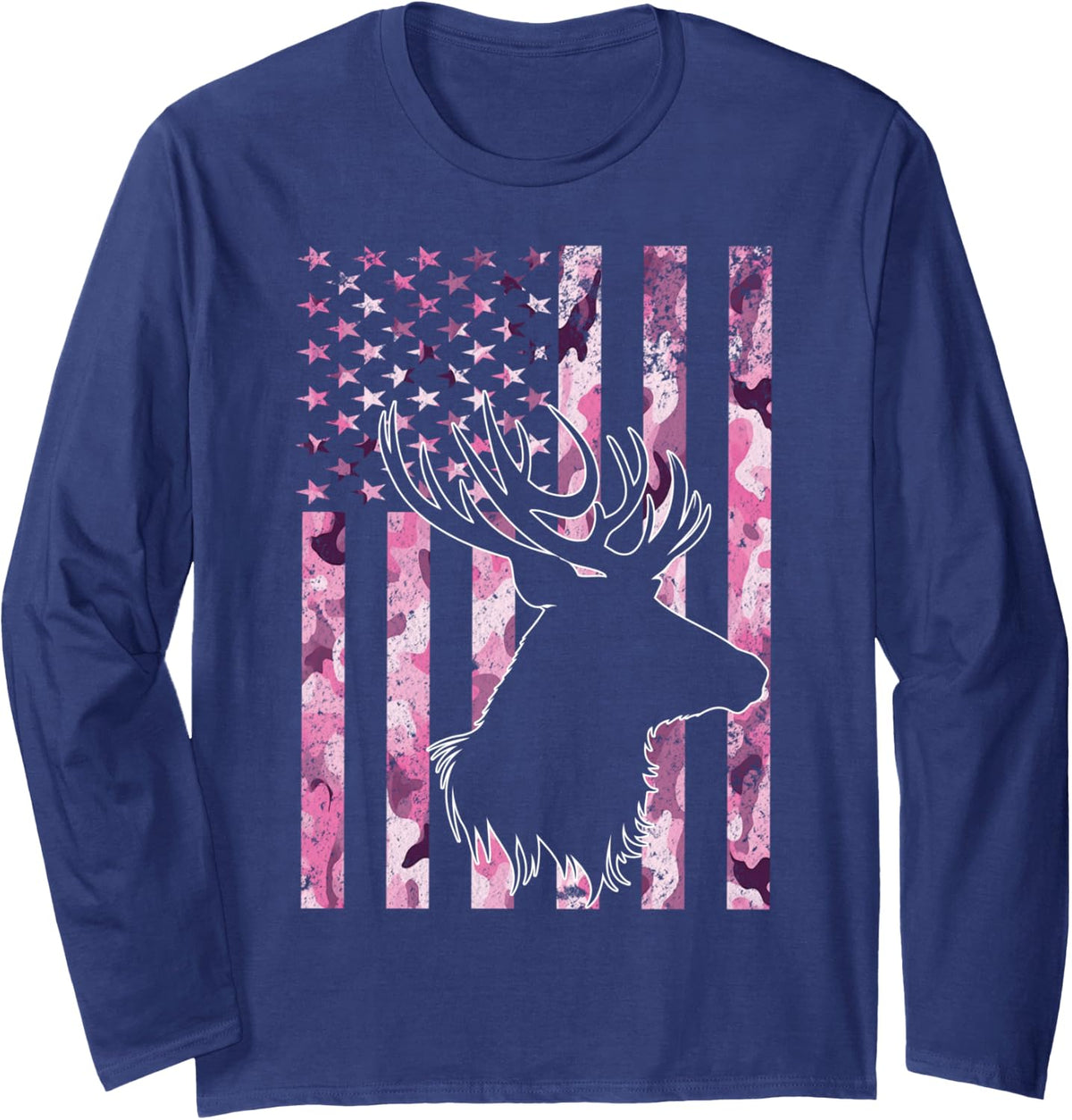 Hunting Camo American Flag Buck Deer Pink Camouflage Women Long Sleeve T-Shirt - Adult Unisex Navy Blue