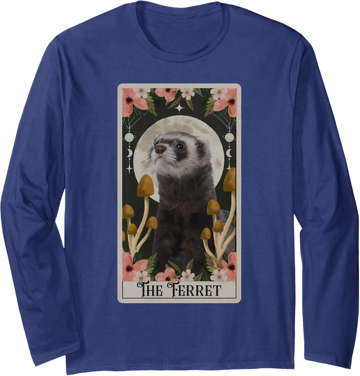 Vintage Ferret Tarot Card Floral Pet Cute Animal Lovers Moon Long Sleeve T-Shirt - Adult Unisex Navy Blue